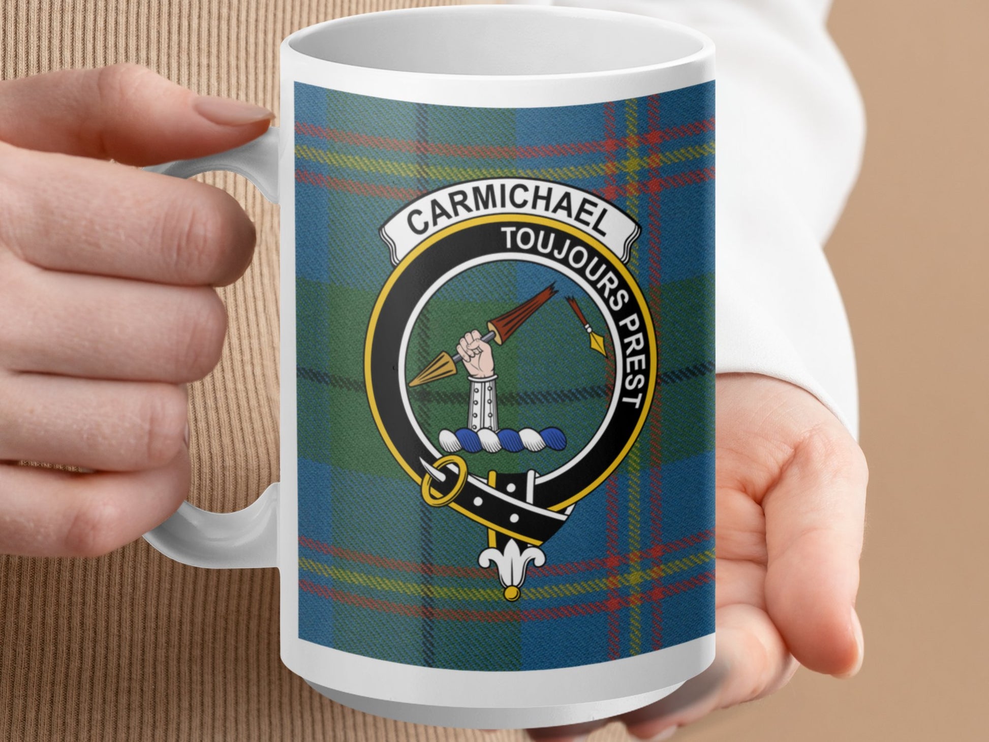 Clan Carmichael Scottish Tartan Crest Toujours Prest Mug - Living Stone Gifts