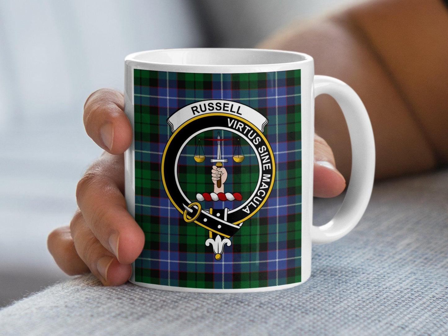 Scottish Clan Russell Tartan Crest Virtus Sine Macula Mug - Living Stone Gifts
