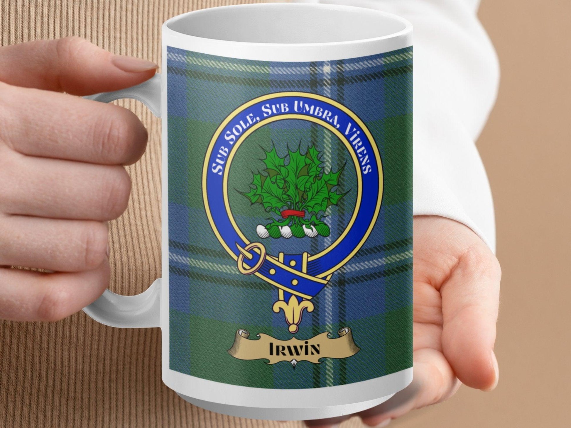 Scottish Clan Irwin Crest Blue Plaid Pattern Mug - Living Stone Gifts
