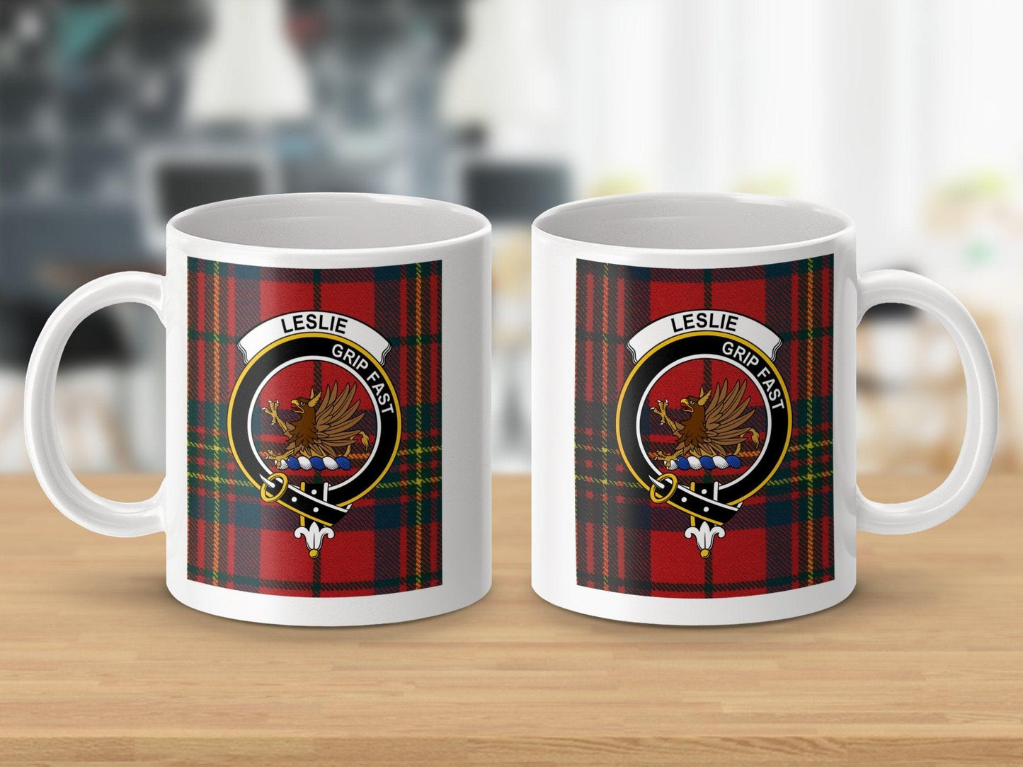 Leslie Crest on Scottish Tartan Plaid with Clan Motto Mug - Living Stone Gifts