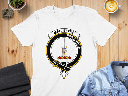Clan Macintyre Crest Hand Holding Sword T-Shirt - Living Stone Gifts