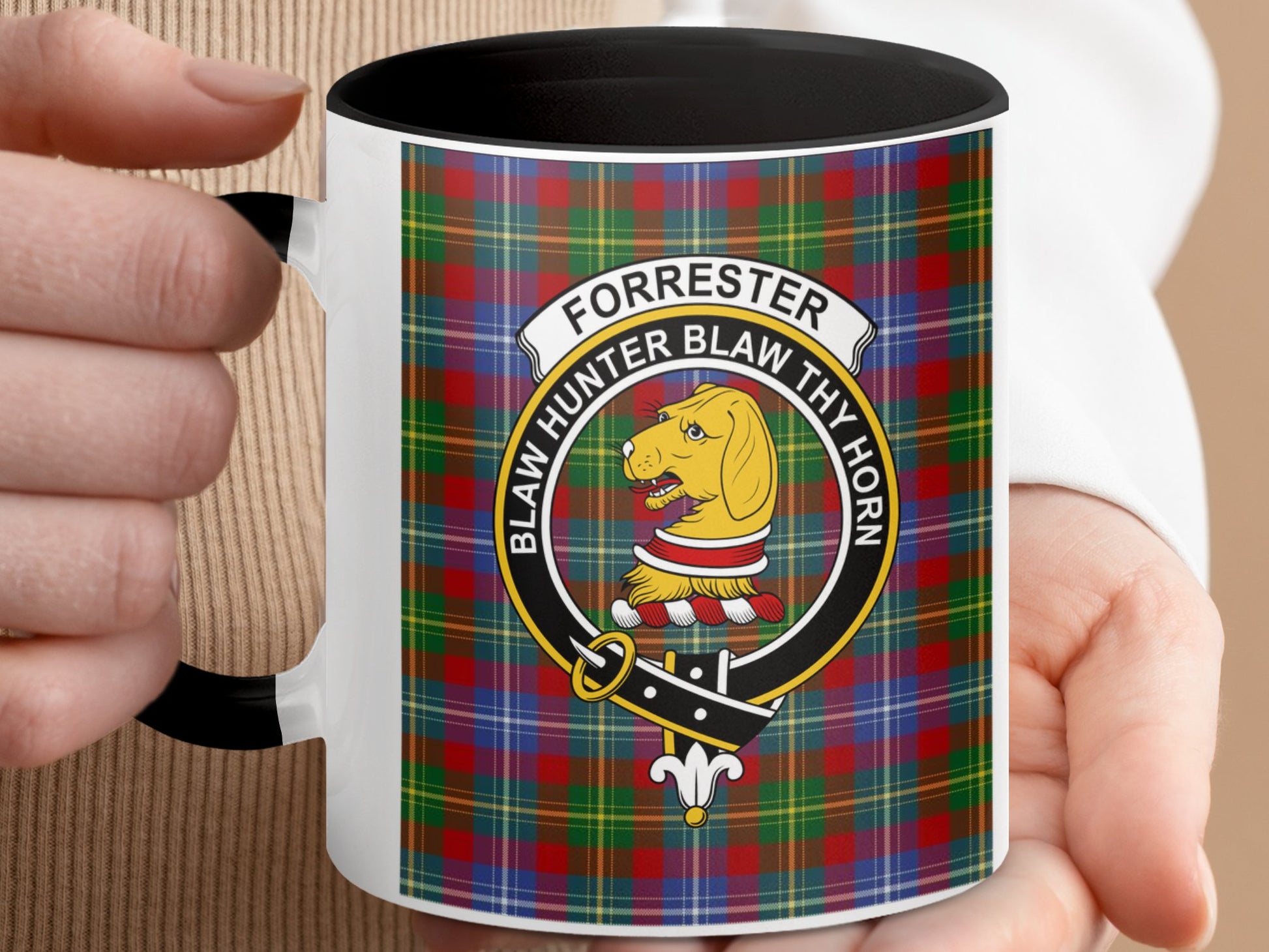 Clan Forrester Crest With Scottish Tartan Design Mug - Living Stone Gifts