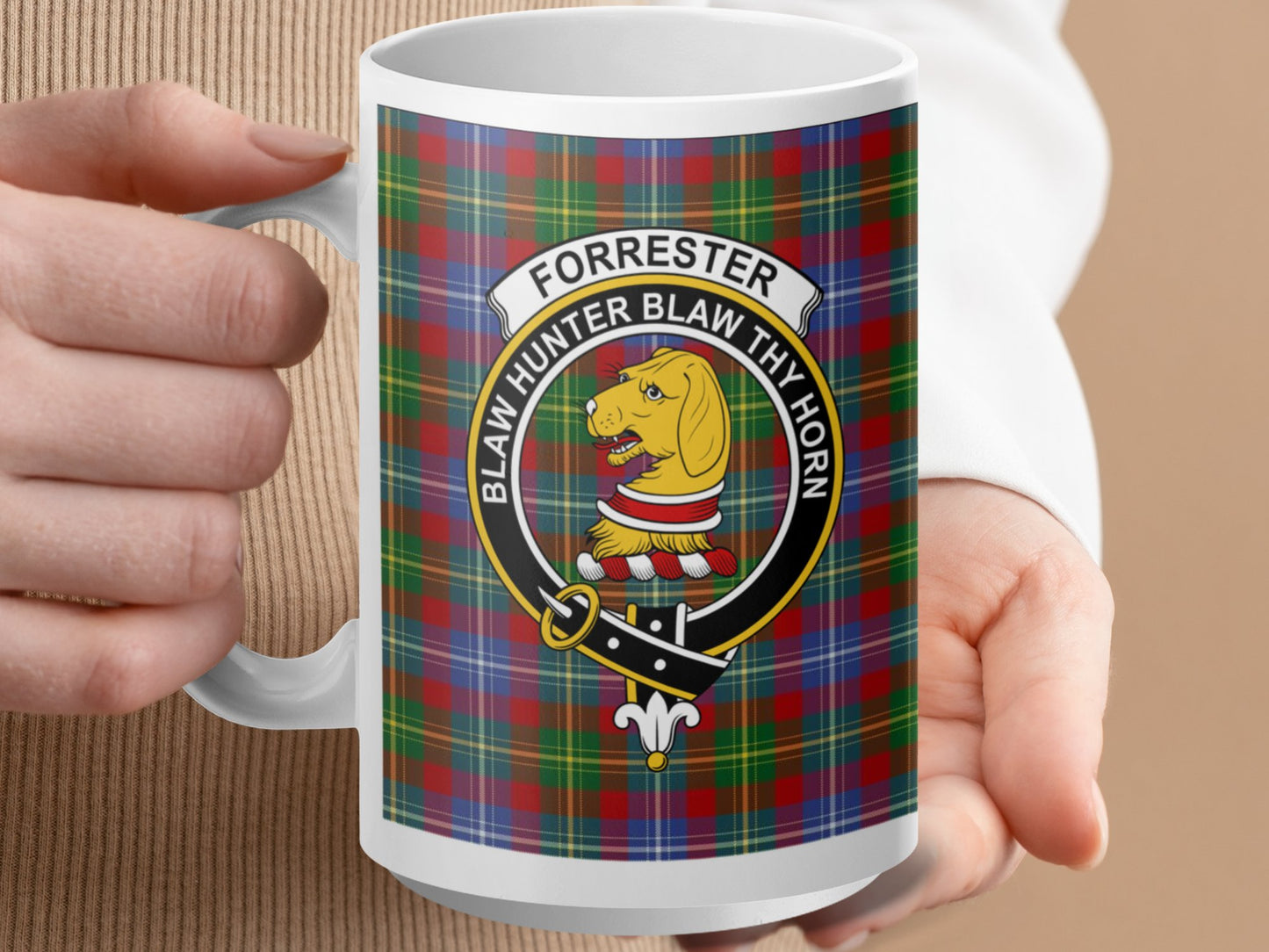 Clan Forrester Crest With Scottish Tartan Design Mug - Living Stone Gifts