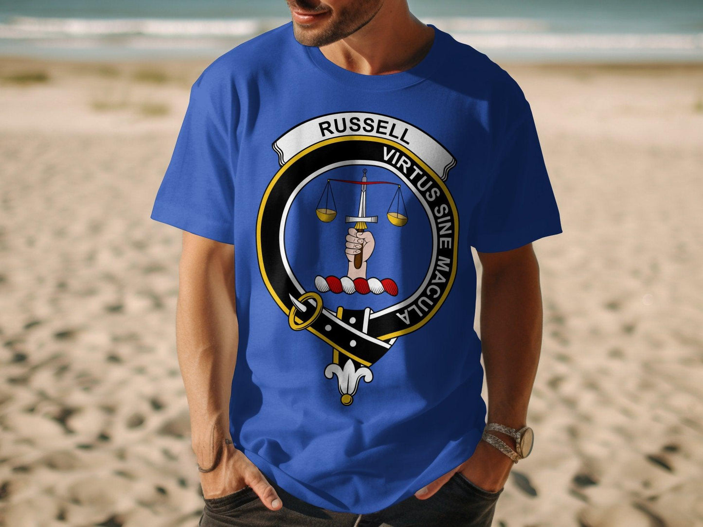 Russell Virtus Sine Macula Clan Crest T-Shirt - Living Stone Gifts