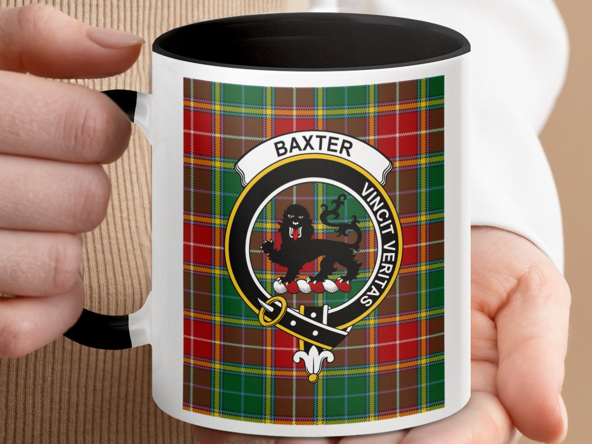 Clan Baxter Crest with Tartan Background Coffee Mug - Living Stone Gifts
