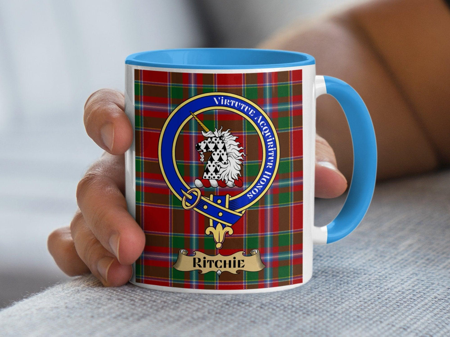 Ritchie Clan Crest on Traditional Scottish Tartan Mug - Living Stone Gifts
