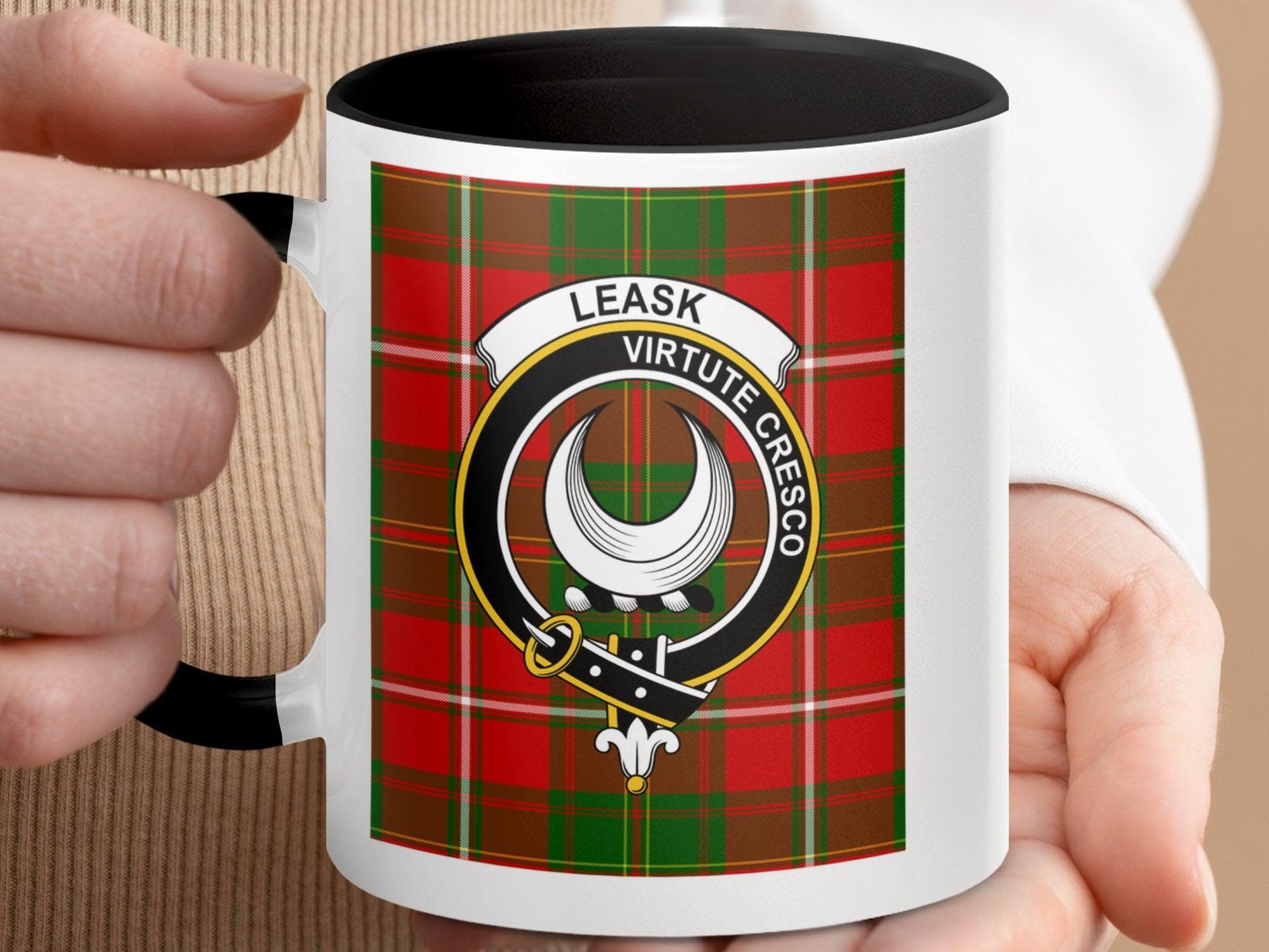 Clan Leask Virtute Cresco Tartan Crest Plaid Mug - Living Stone Gifts