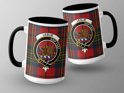 Leslie Crest on Scottish Tartan Plaid with Clan Motto Mug - Living Stone Gifts