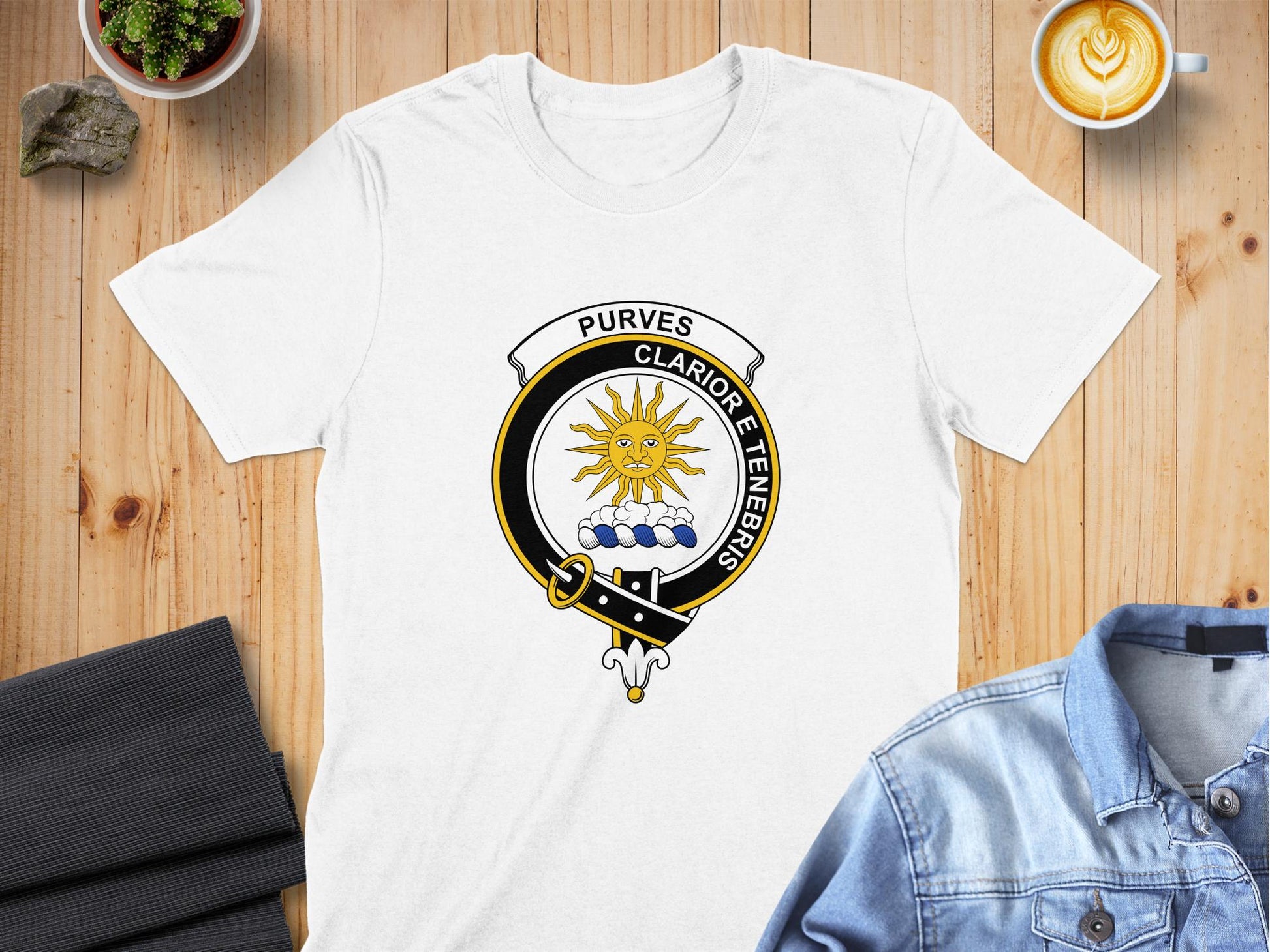 Purves Scottish Clan Crest Clarion E Tenebris T-Shirt - Living Stone Gifts