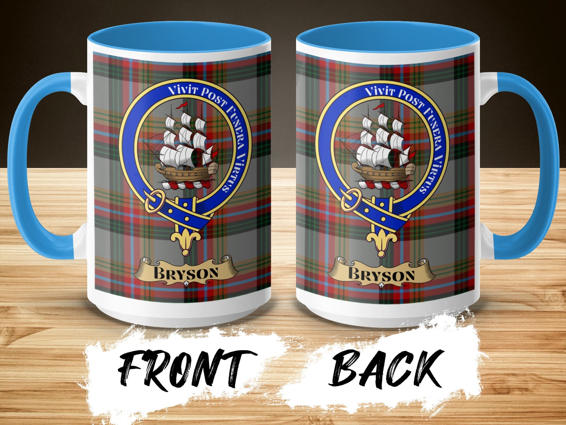 Bryson Family Crest Plaid Background Personalized Mug - Living Stone Gifts
