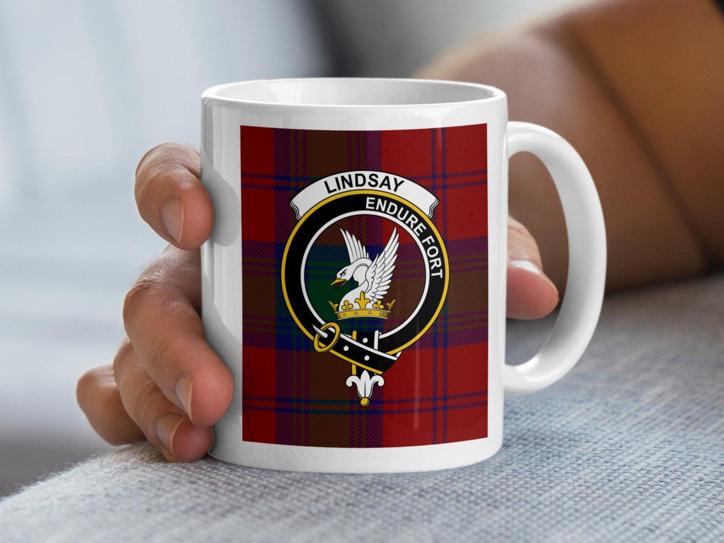 Lindsay Scottish Clan Red Tartan Crest Plaid Mug - Living Stone Gifts