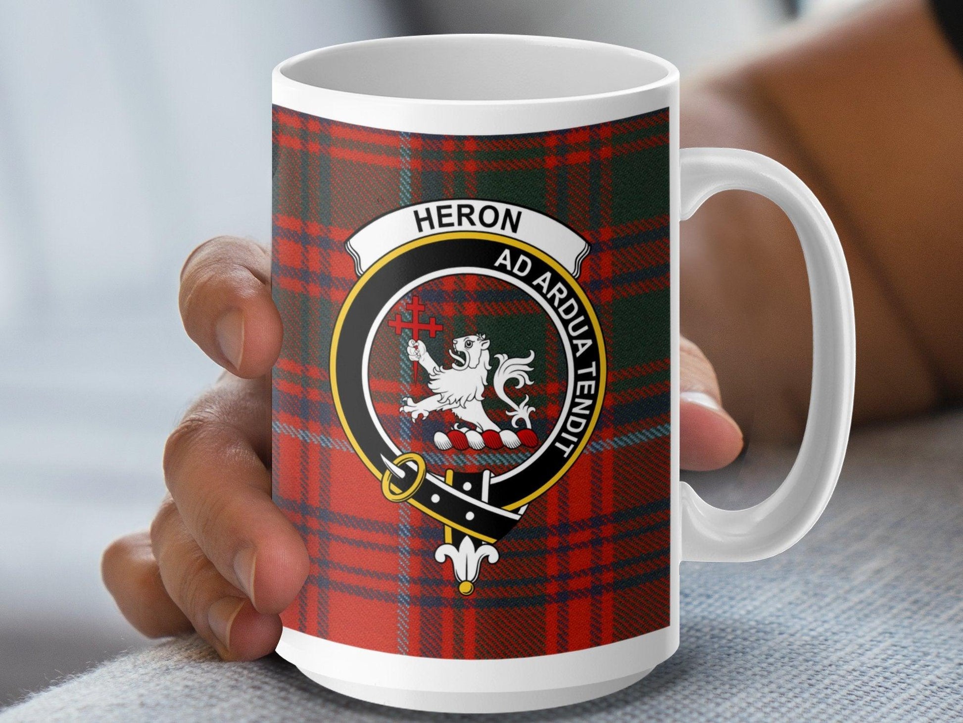 Scottish Clan Heron Crest Badge on Tartan Plaid Mug - Living Stone Gifts