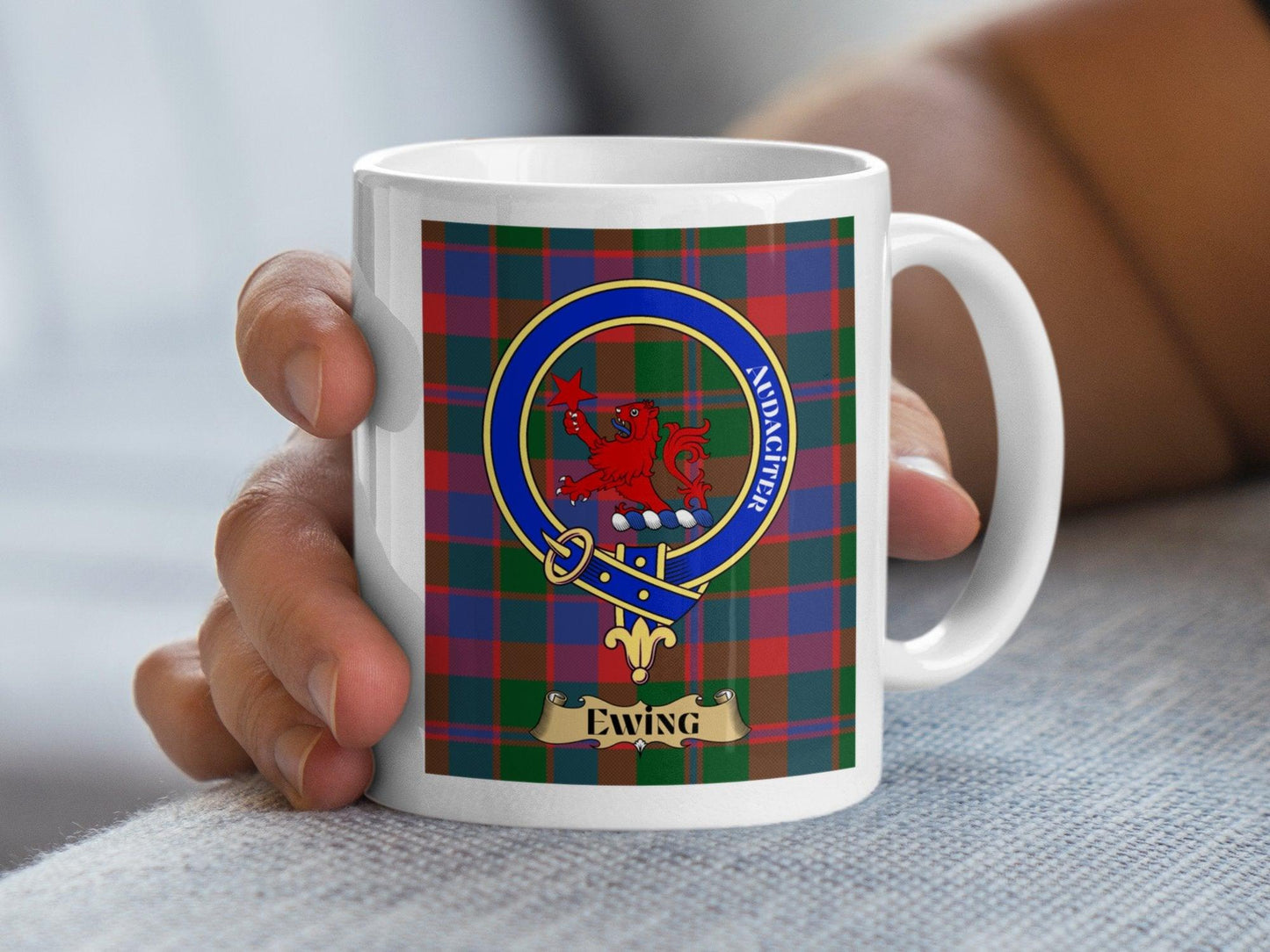 Scottish Clan Tartan Mug with Ewing Crest and Motto - Living Stone Gifts
