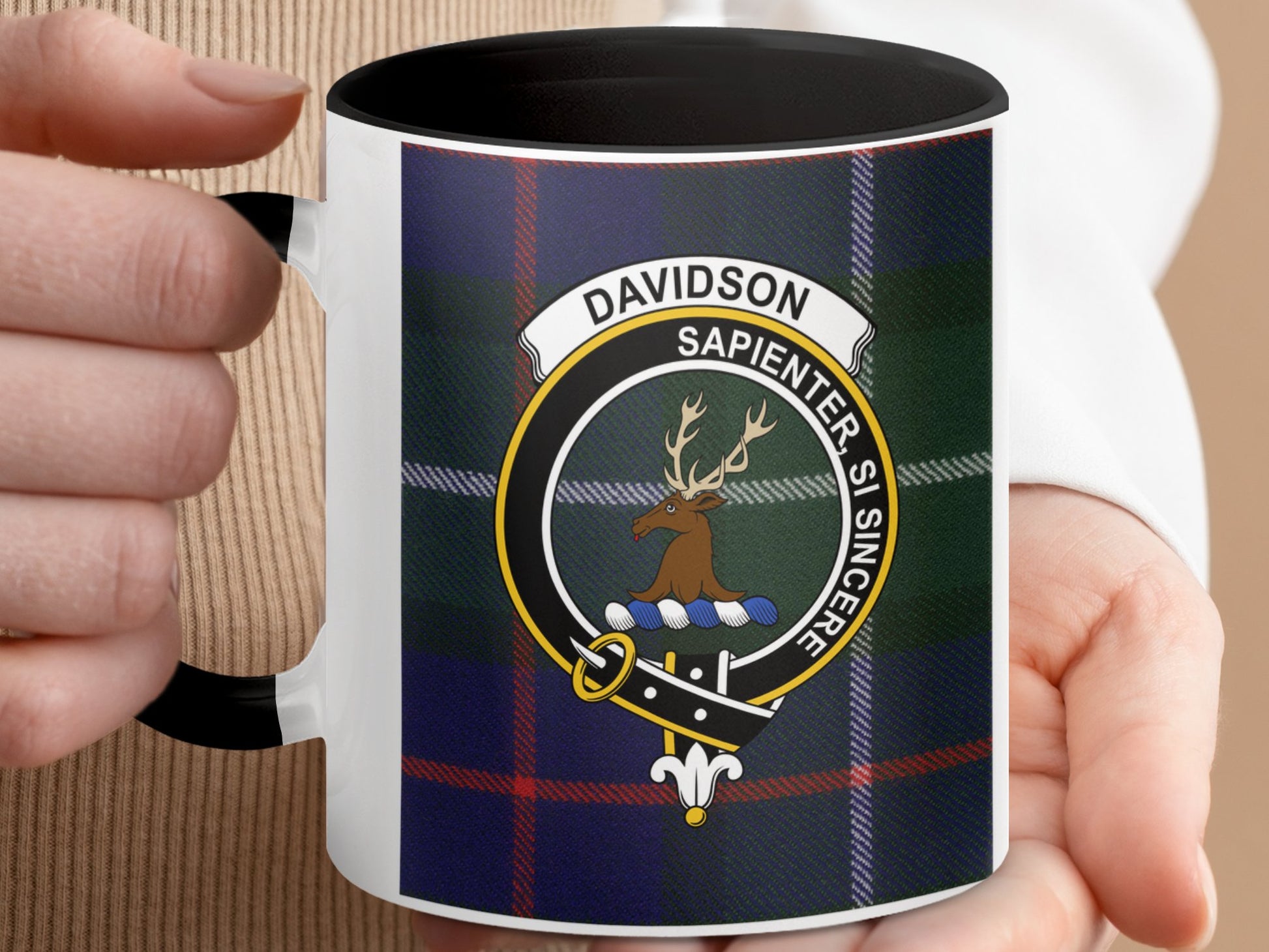 Davidson Clan Crest Sapiens Si Sincere Tartan Check Mug - Living Stone Gifts