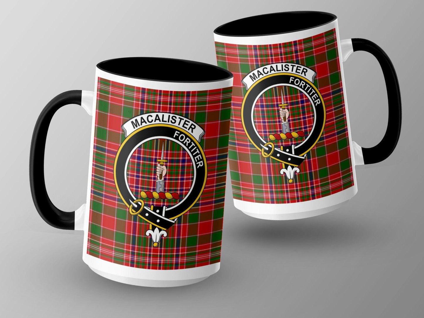 Clan MacAlister Fortiter Crest Plaid Tartan Design Mug - Living Stone Gifts