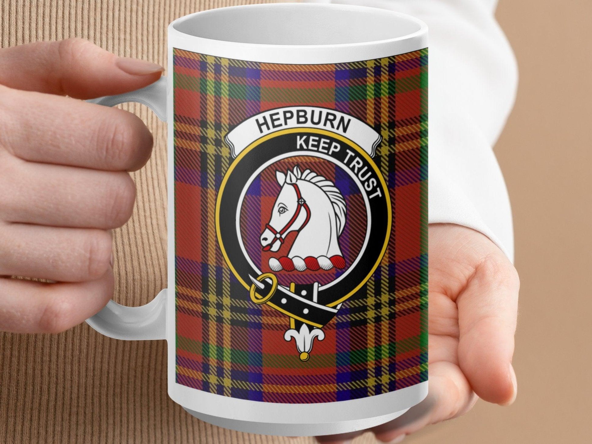 Hepburn Clan Crest Tartan Plaid Design Coffee Mug - Living Stone Gifts