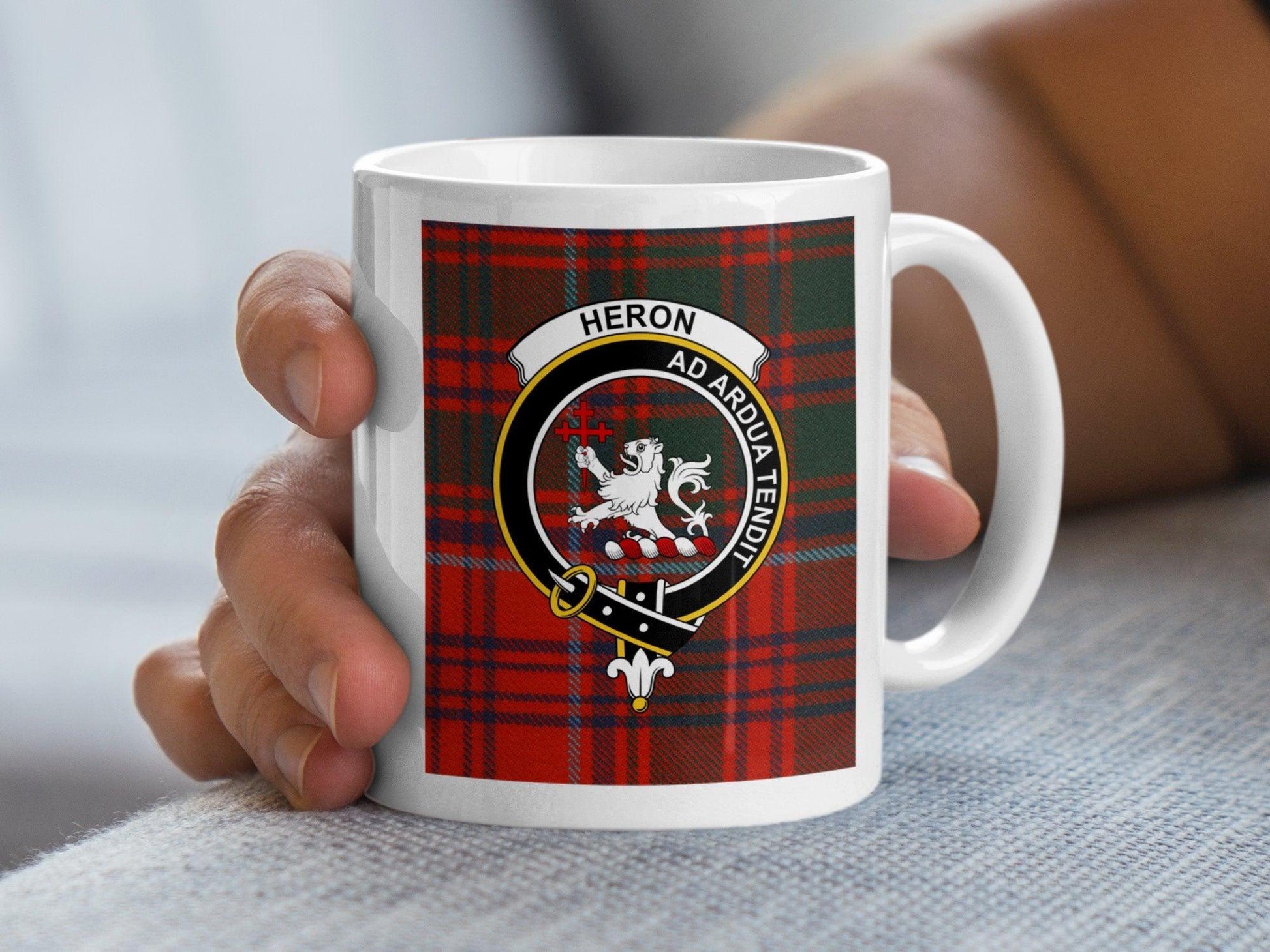 Scottish Clan Heron Crest Badge on Tartan Plaid Mug - Living Stone Gifts
