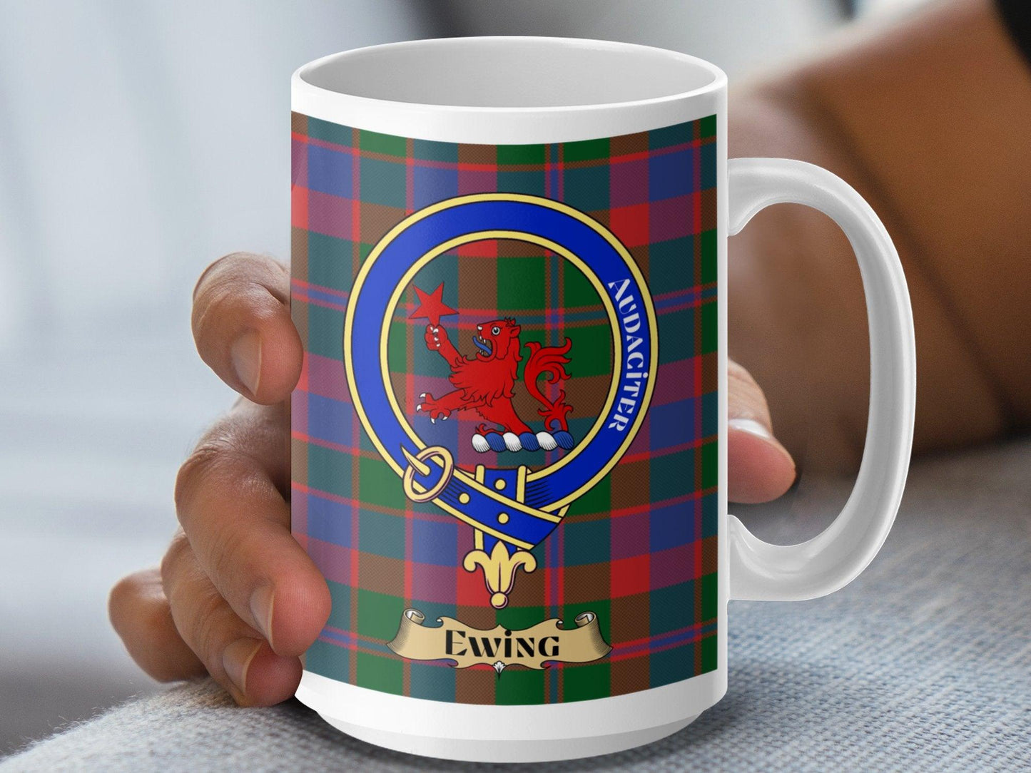Scottish Clan Tartan Mug with Ewing Crest and Motto - Living Stone Gifts