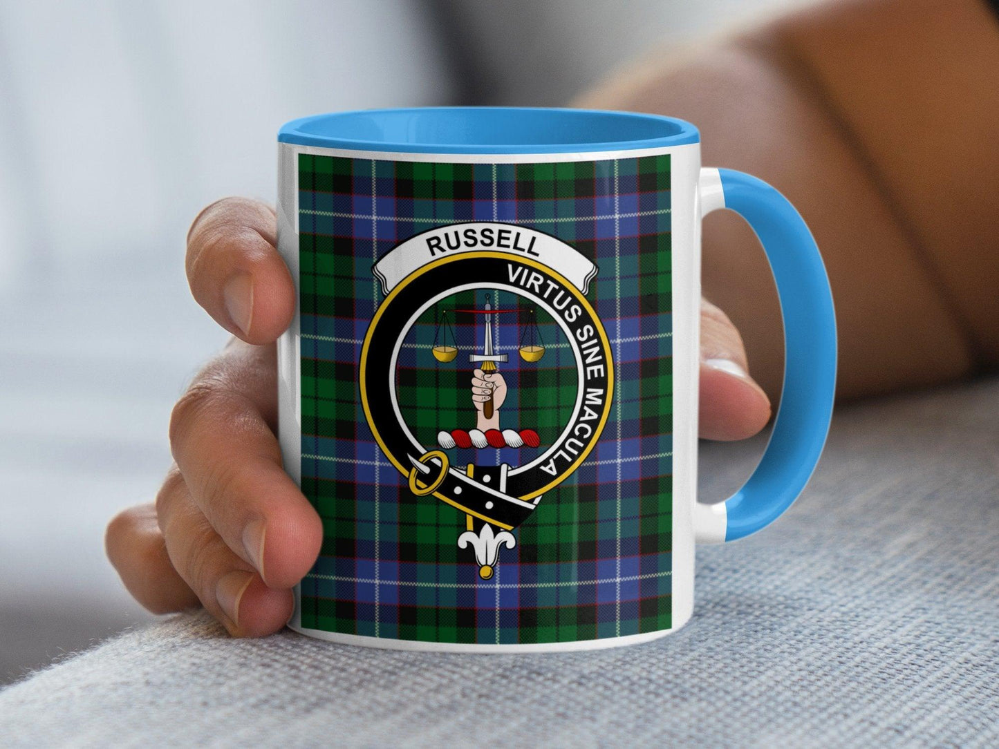 Scottish Clan Russell Tartan Crest Virtus Sine Macula Mug - Living Stone Gifts