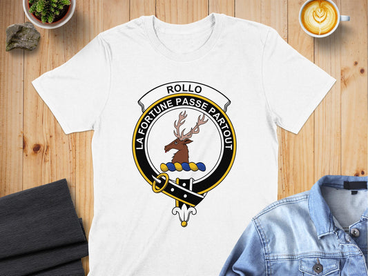 Rollo Clan Crest with Scottish Heritage Design T-Shirt - Living Stone Gifts