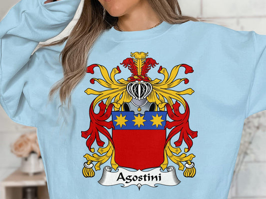Agostini Family Crest T-Shirt, Italian Surname Heritage Hoodie, Sweatshirt with Coat of Arms