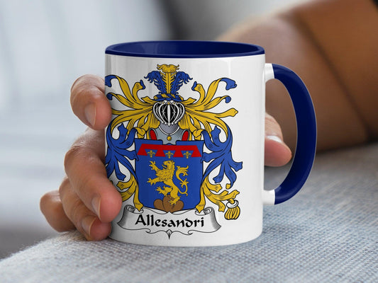 Alessandri Italian Surname Crest Mug, Custom Heraldic Lion Shield Design