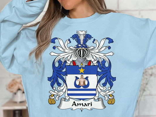 Amari Family Crest Italian Surname T-Shirt - Custom Heraldry Graphic Unisex Hoodie
