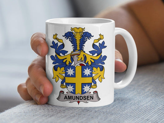 Amundsen Family Crest Elegant Mug, Blue and Gold Heraldic Emblem