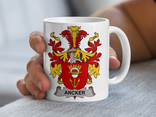 Ancker Family Crest Mug, Custom Heraldic Emblem Coffee Cup