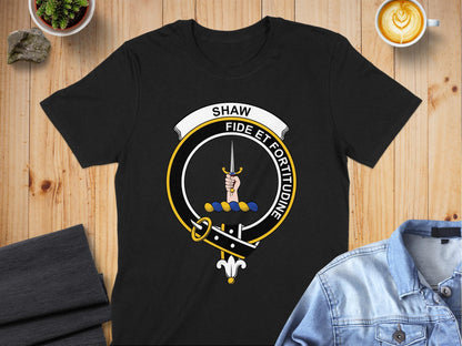 Clan Shaw Fide et Fortitudine Crest Graphic T-Shirt - Living Stone Gifts