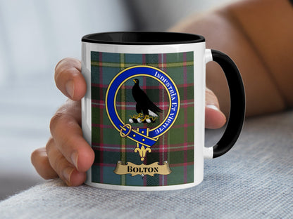 Clan Bolton Crest Badge with Tartan Background Mug - Living Stone Gifts