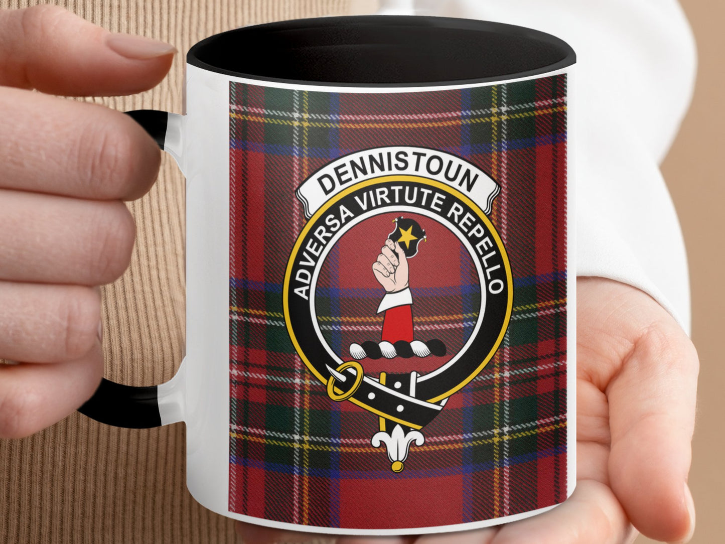 Clan Dennistoun Scottish Tartan Crest Design Mug - Living Stone Gifts