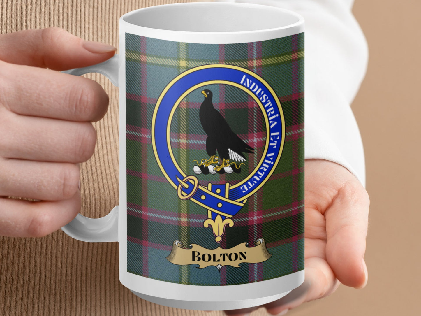 Clan Bolton Crest Badge with Tartan Background Mug - Living Stone Gifts