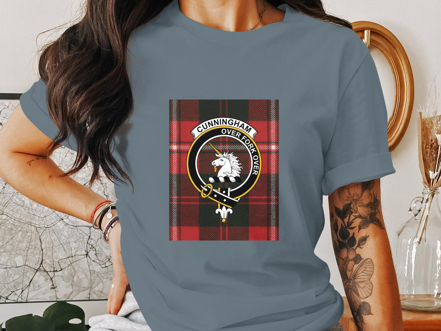 Cunningham Clan Tartan Lion T-Shirt, Scottish Heritage Tee