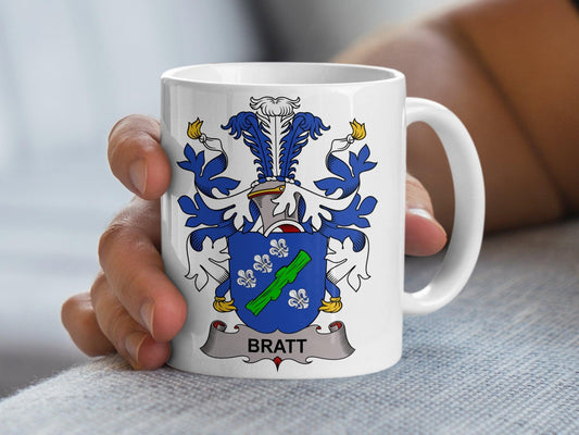 Custom Bratt Family Crest Mug, Danish Surname Heritage Coffee Cup