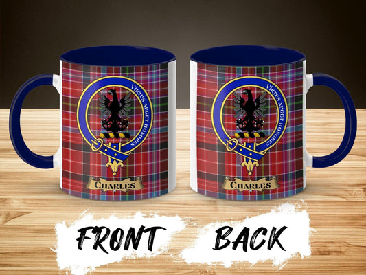 Custom Clan Crest Mug - Charles Family Emblem on Tartan Background, Unique Heritage Gift