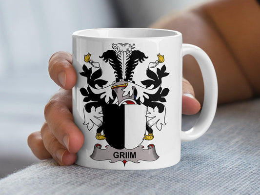 Custom GRIMM Family Crest Mug, Danish Surname Heraldic Emblem, Unique Heritage Gift