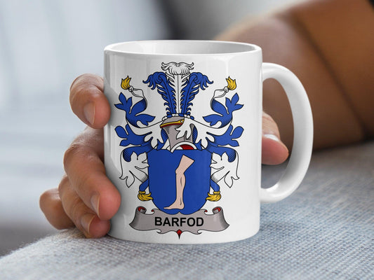 Custom Heraldic Crest Barfod Family Mug, Danish Surname Emblem Coffee Cup