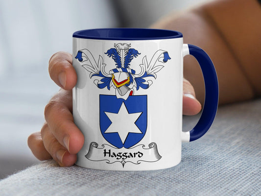 Custom Heraldic Crest Mug, Hassar Family Emblem, Blue and White Color Scheme