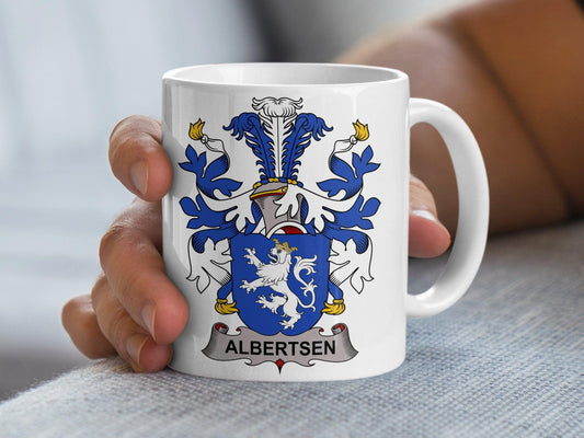 Custom Heraldic Lion Crest Mug | Albertsen Family Name Coffee Cup