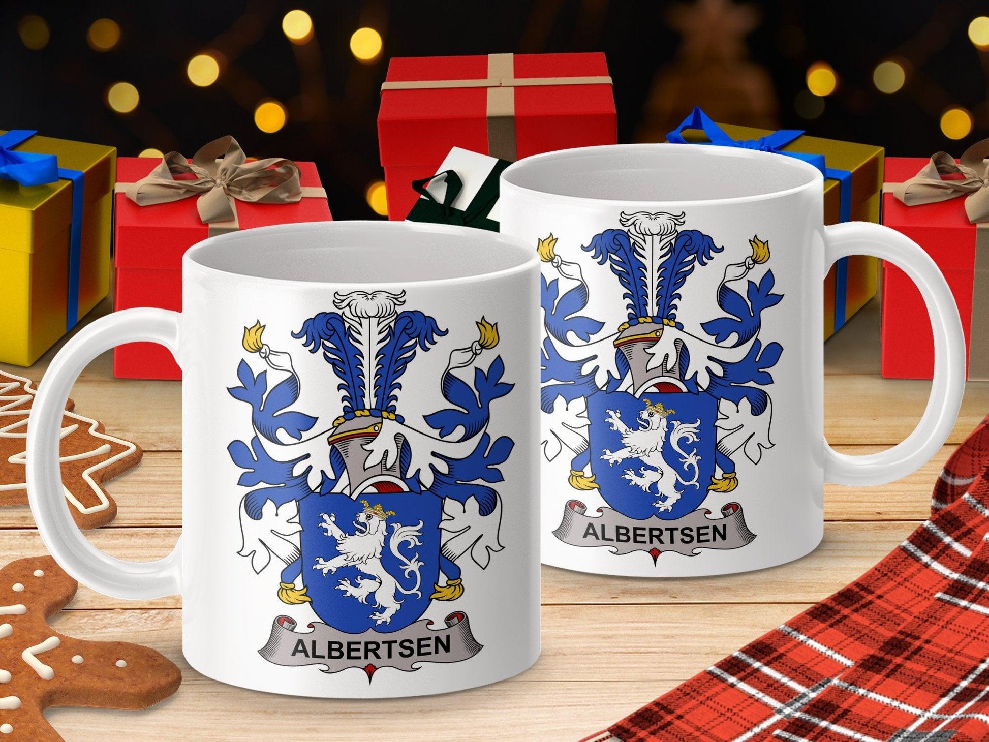 Custom Heraldic Lion Crest Mug | Albertsen Family Name Coffee Cup