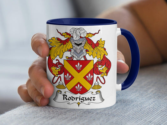 Custom Rodriguez Family Crest Coffee Mug, Personalized Heraldic Emblem