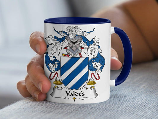 Custom Valdés Family Crest Mug, Blue and Silver Heraldry, Unique Surname Gift
