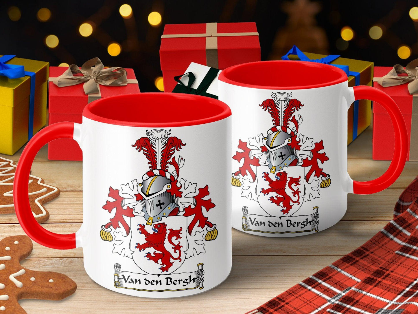 Custom Van den Bergh Family Crest Mug, Heraldic Lion Shield Coffee Cup