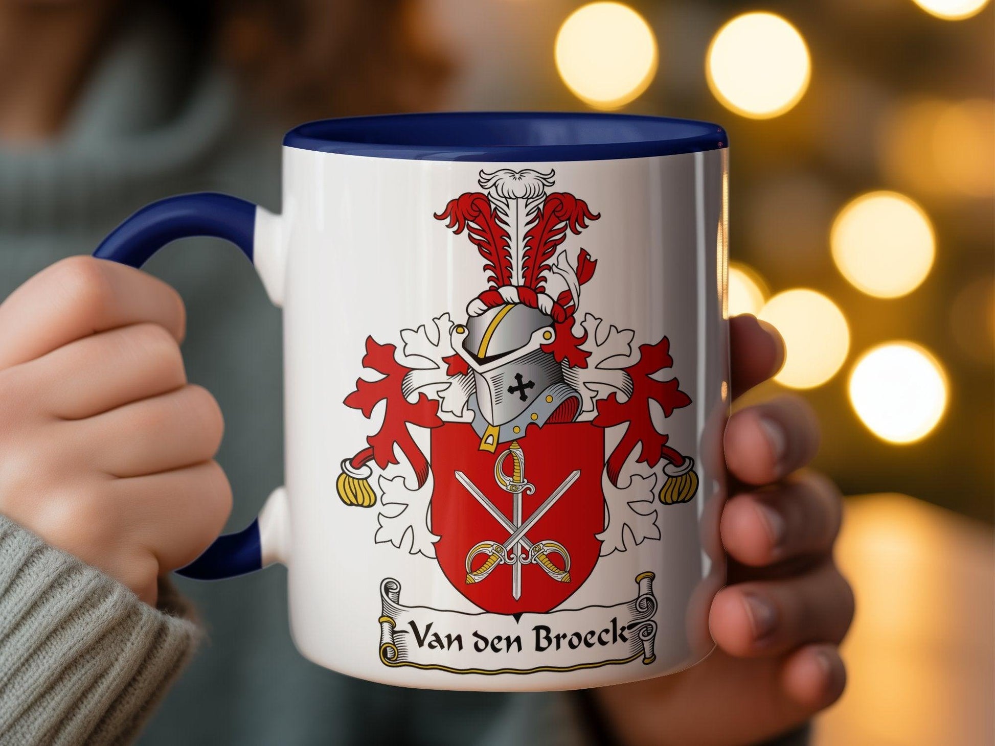 Custom Van den Broek Family Crest Red Heraldic Mug, Unique Surname Gift