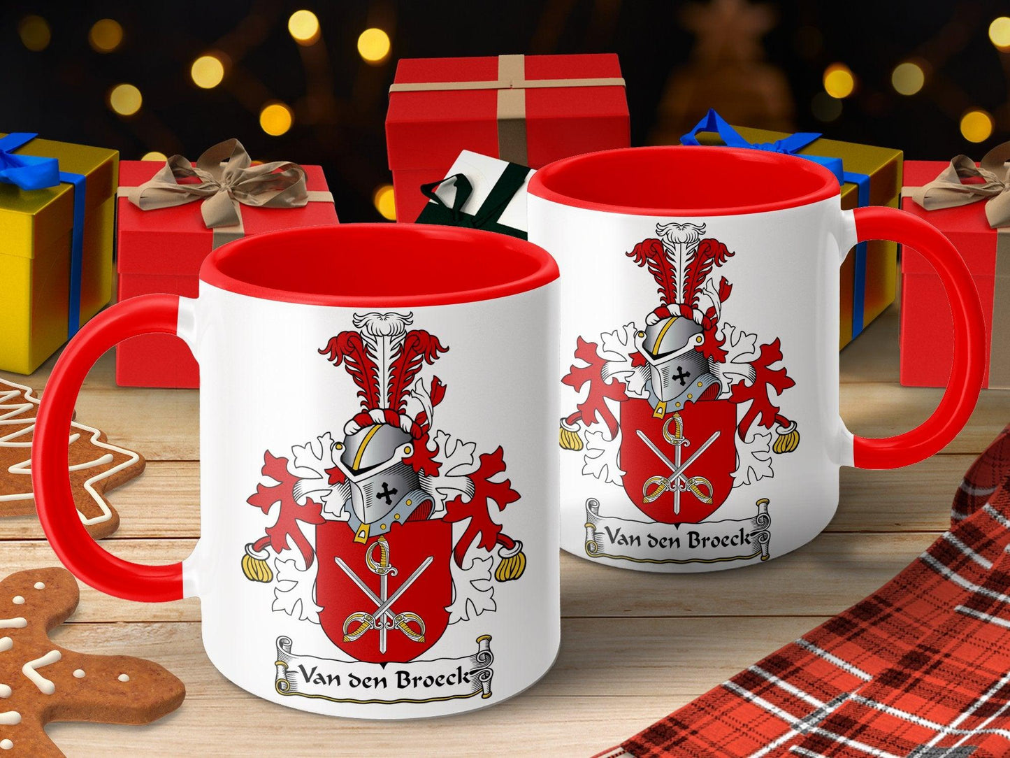 Custom Van den Broek Family Crest Red Heraldic Mug, Unique Surname Gift