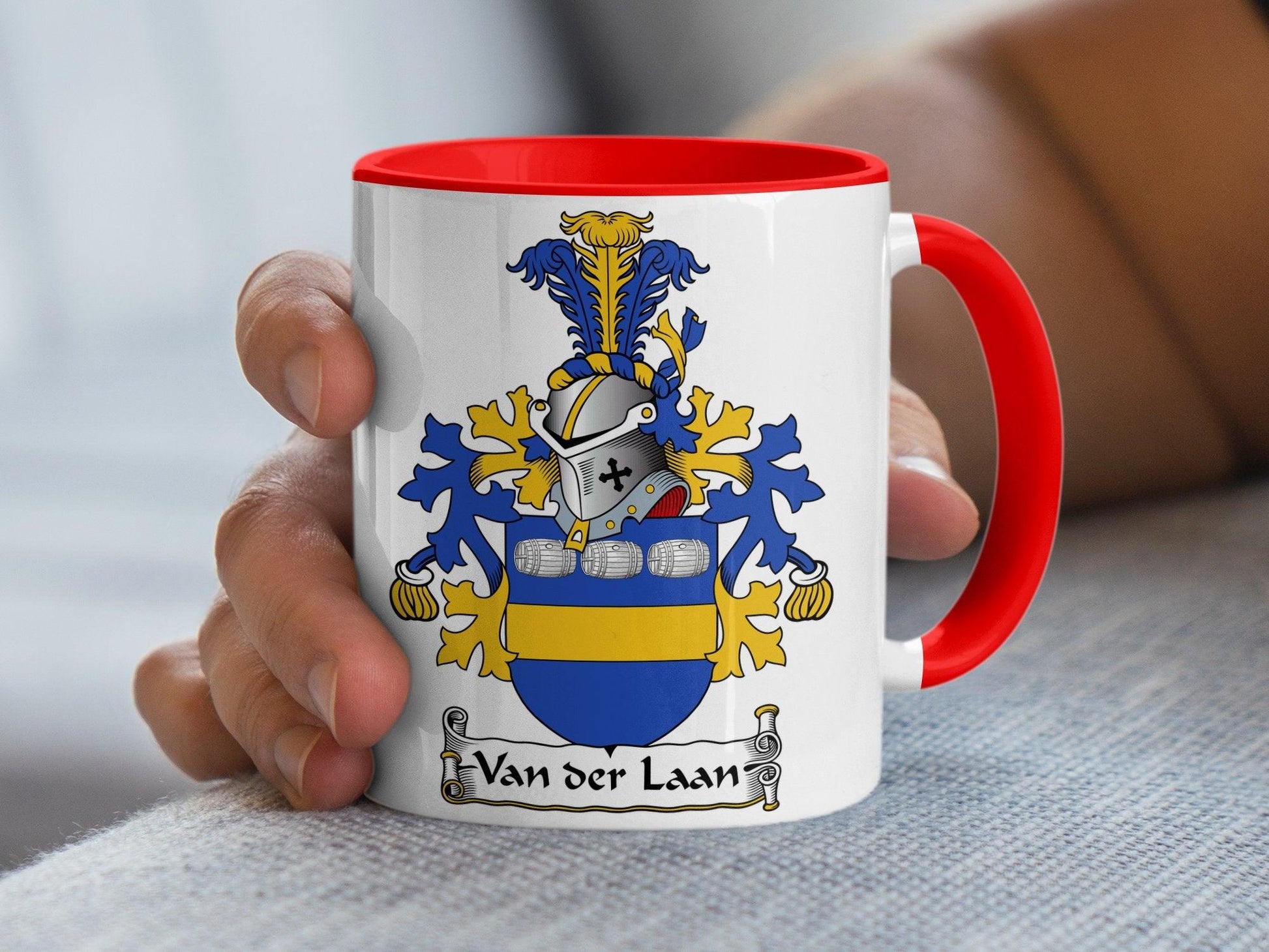 Custom Van der Laan Family Crest Mug, Heraldic Lion Shield Coffee Cup