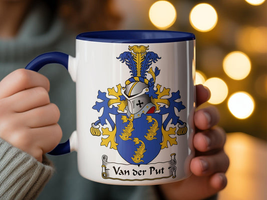 Custom Van der Put Family Crest Mug, Elegant Heraldic Shield Coffee Cup