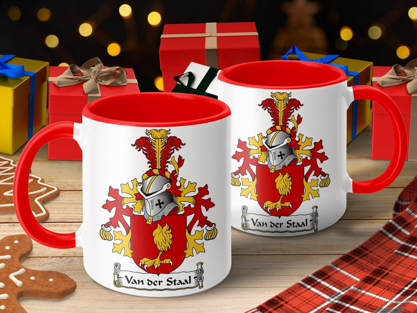 Custom Van der Staal Family Crest Mug, Heraldic Lion Shield Coffee Cup