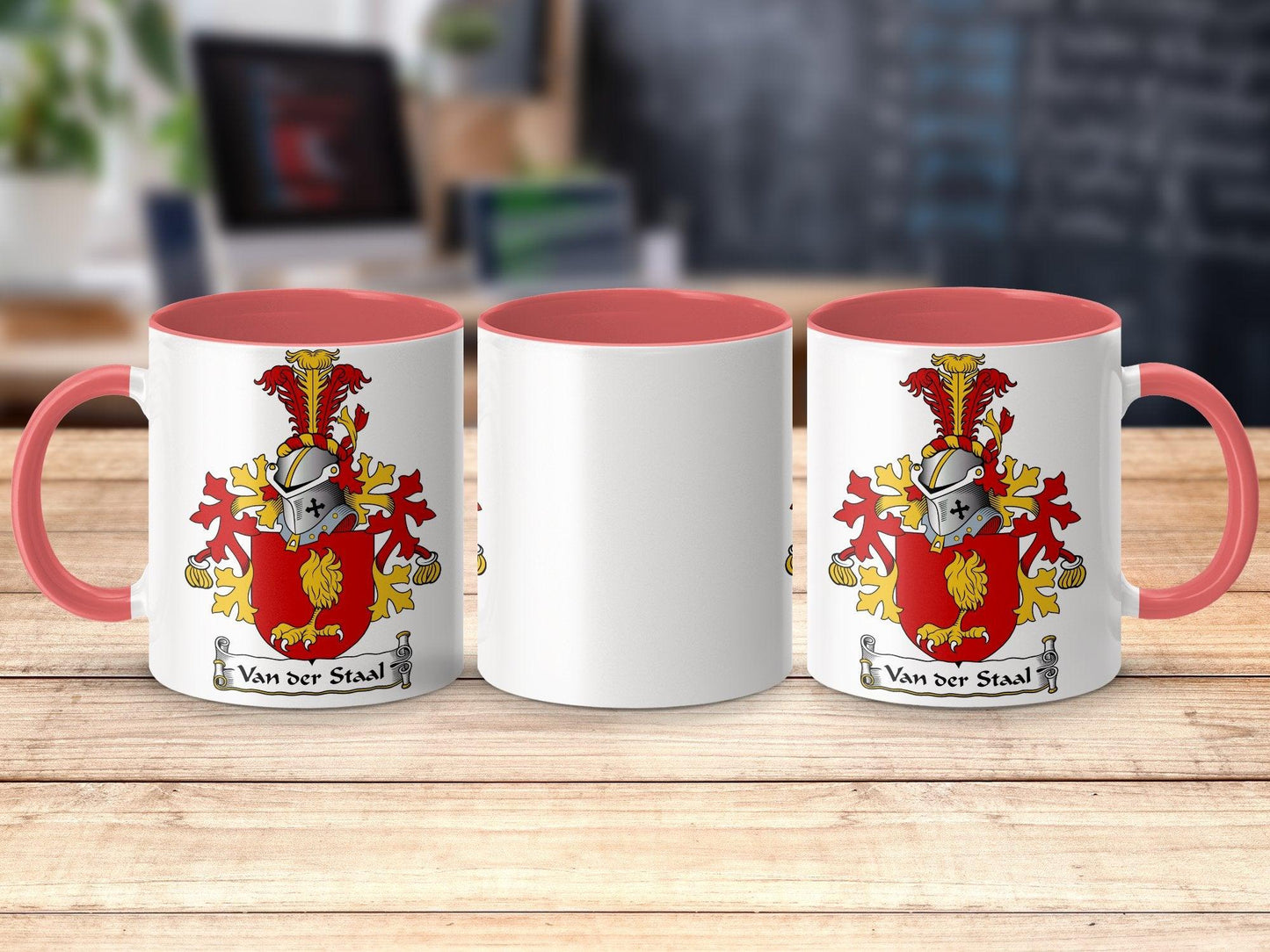Custom Van der Staal Family Crest Mug, Heraldic Lion Shield Coffee Cup